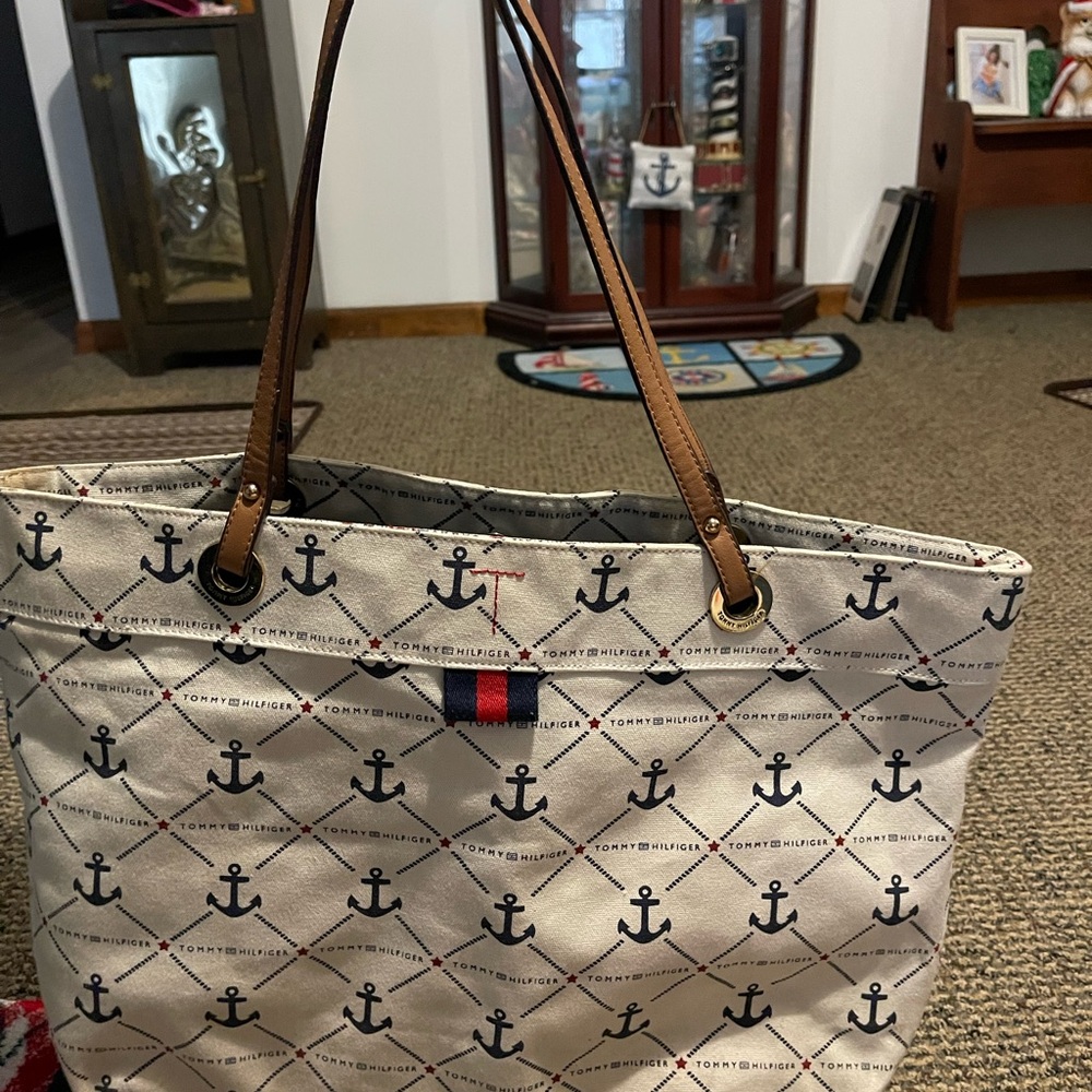 Tommy Hilfiger Cream and Brown Tote Bag with Nautical Charm